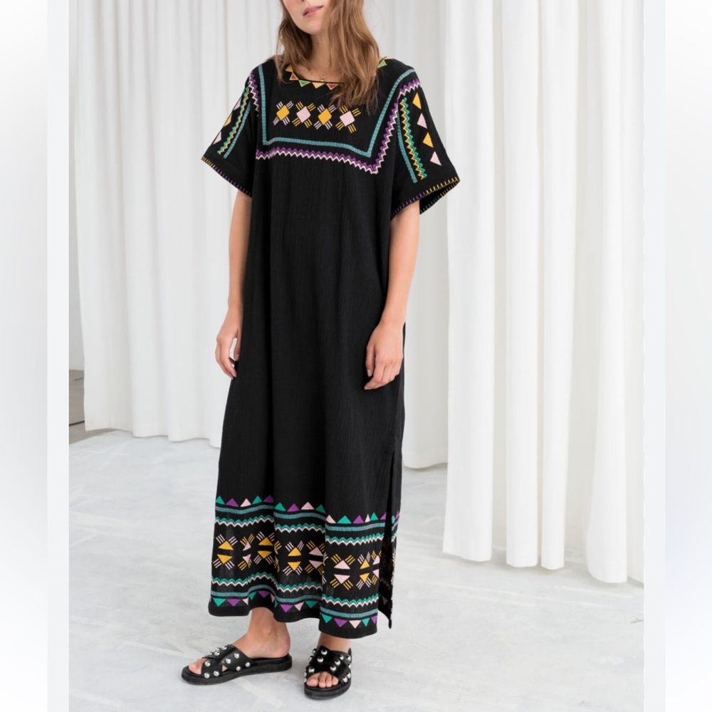 & Other Stories Embroidered Black Maxi Dress Size 2 (Oversized)